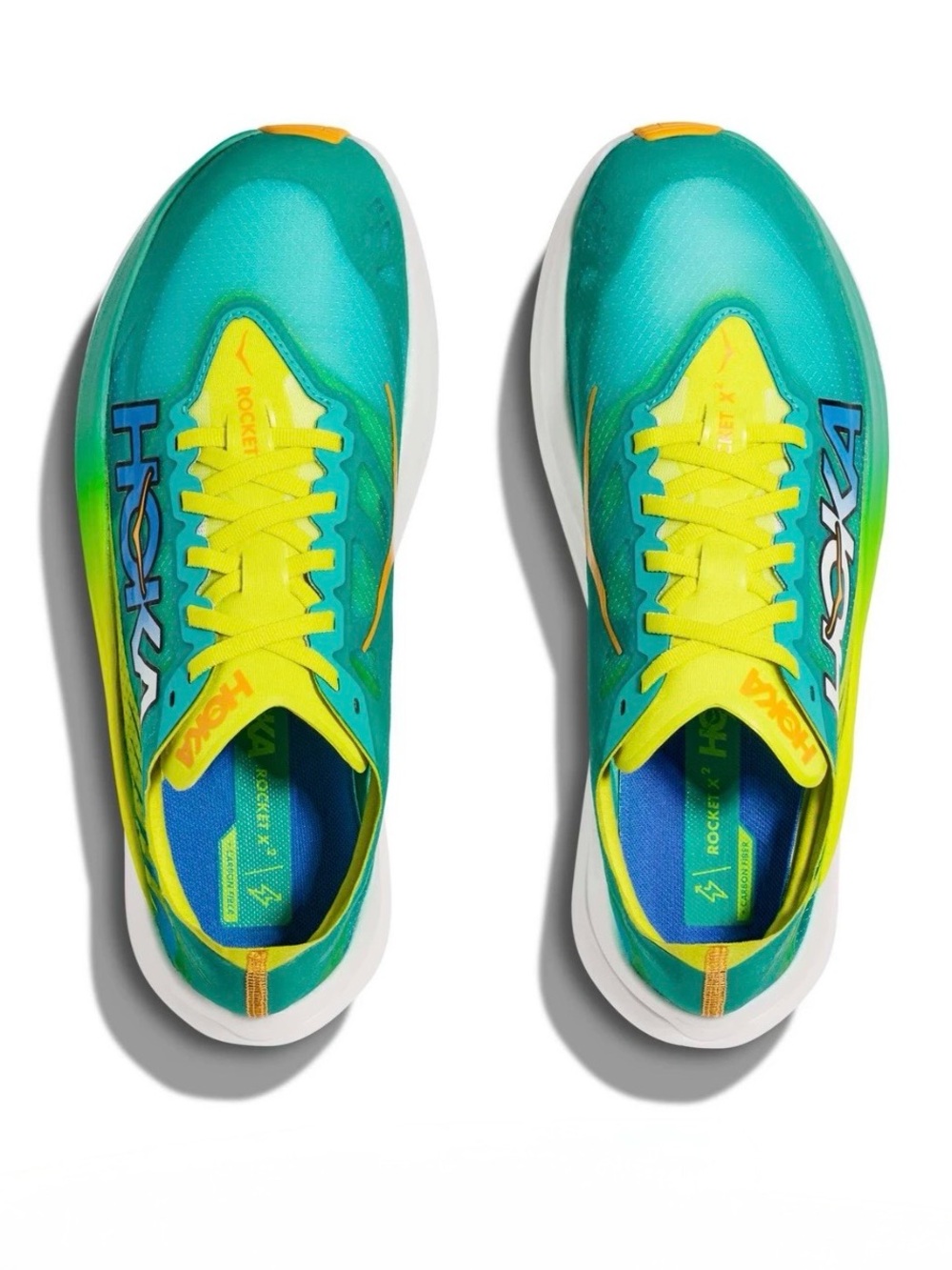 Hoka Men's Rocket X 2 Carbon Plated Teal with Yellow Accent Running Shoe